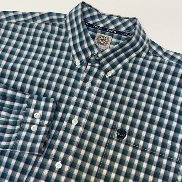 Cinch Shirt Mens Large Western Plaid Blue Check Teal Button Up Casual Work Rodeo - Picture 1 of 15